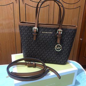MICHAEL KORS Jet Set Travel Extra-Small Logo Top-Zip Tote Bag Brown sign
